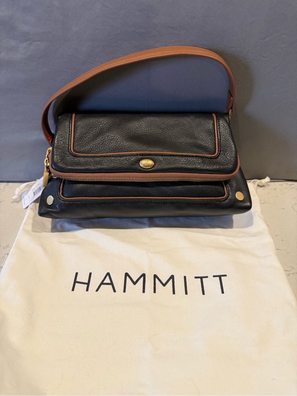 Hammitt Black Leather Messenger Bag with Brown Trim